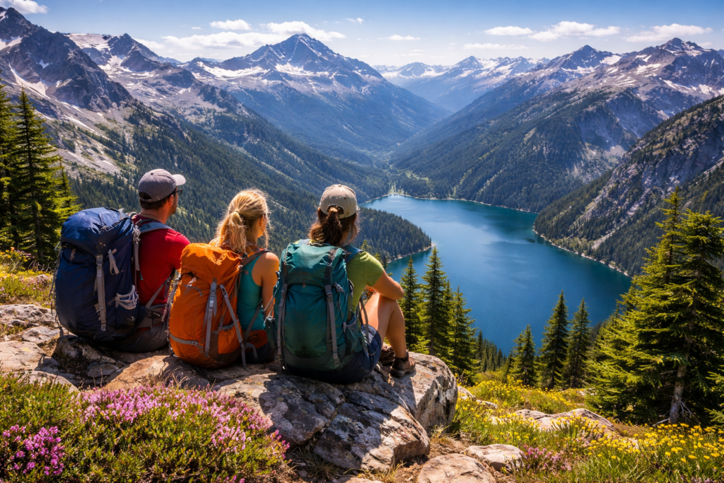 Hikers enjoy alpine lake view