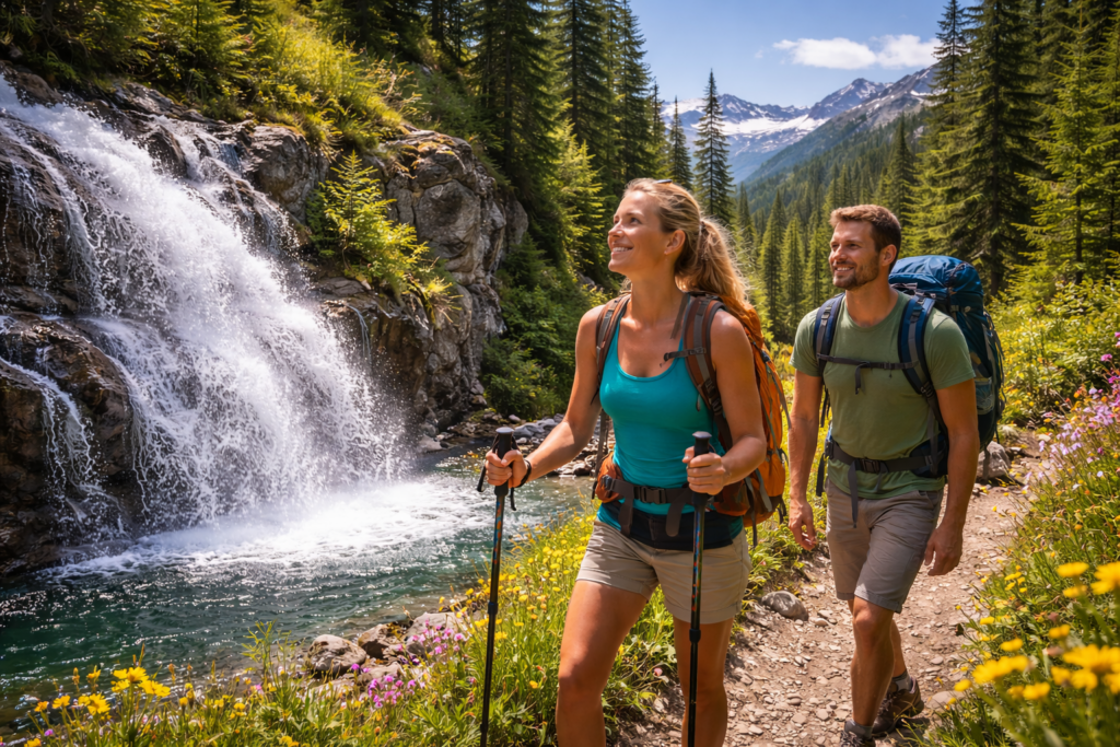 Hiking with a waterfall view