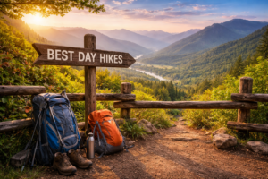 Scenic hiking trail at sunrise