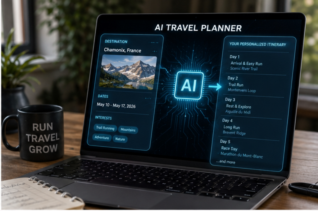 Laptop displaying an AI-powered adventure travel itinerary for runners planning a mountain race trip