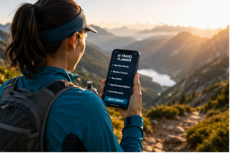 Runner using an AI travel planning app while overlooking a scenic mountain trail at sunrise