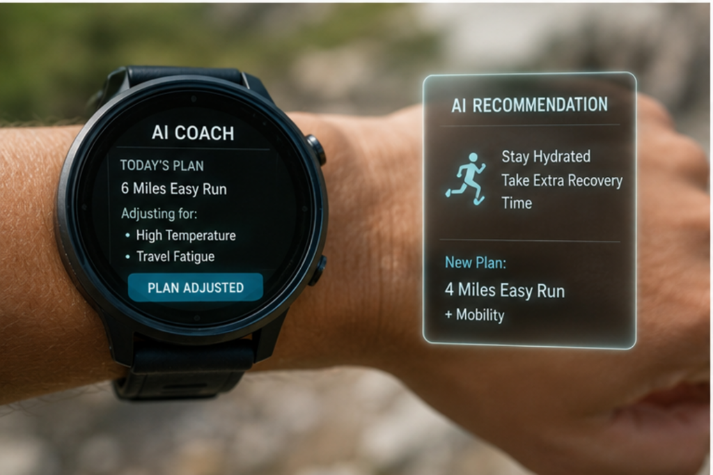 Smartwatch showing AI-adjusted running workout recommendations based on travel conditions and recovery