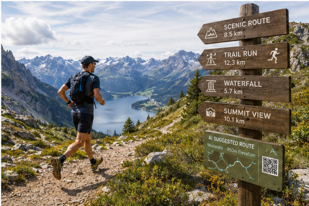 Trail runner following an AI-recommended mountain route with scenic hiking and running signs in the background
