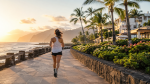 Runner jogging along a coastal promenade at sunrise
