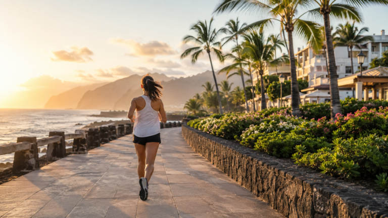 Runner jogging along a coastal promenade at sunrise