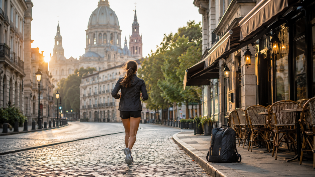 Runner jogging through an empty European-style cobblestone street at sunrise