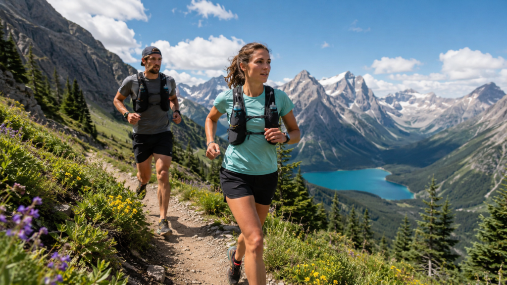Two trail runners navigating a vibrant alpine mountain path surrounded