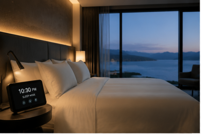 Luxury sleep tourism hotel room with calming lighting and ocean view designed