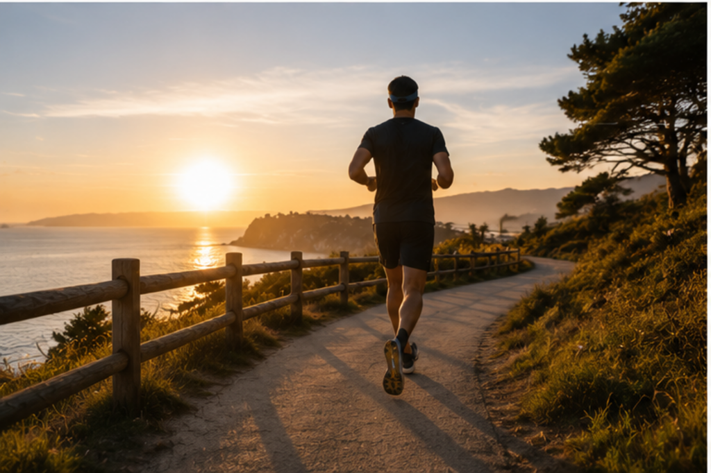 Runner meditating at a mountain wellness retreat overlooking a valley, promoting sleep tourism and recovery-focused travel