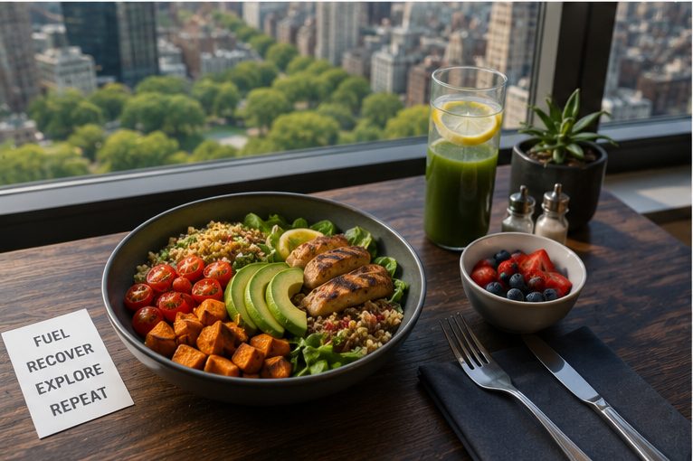 Healthy recovery meal with grilled chicken, vegetables, quinoa, avocado, berries, and a green drink