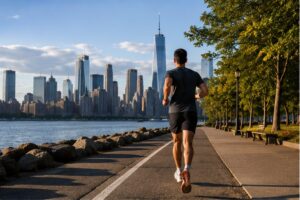 Runner jogging along a waterfront city path with an urban skyline during an active recovery trip