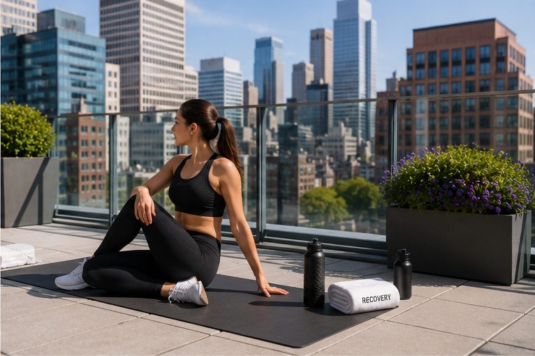 Runner stretching on a rooftop wellness area overlooking a city skyline during an urban recovery vacation